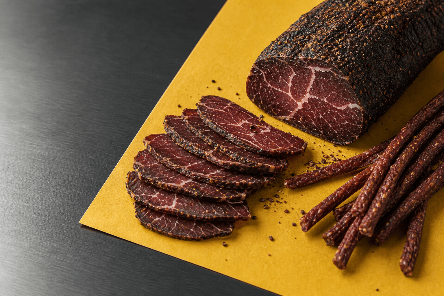 Sliced air-dried beef, a dark cured cut, and thin dried-meat sticks arranged on yellow paper and charcoal metal